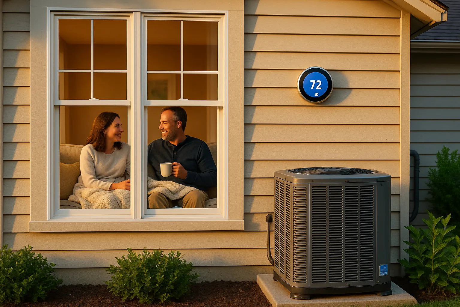 Warm, real-life suburban home with cozy living room and outdoor energy-efficient AC unit, conveying trusted heating and cooling by The Furnace Outlet.