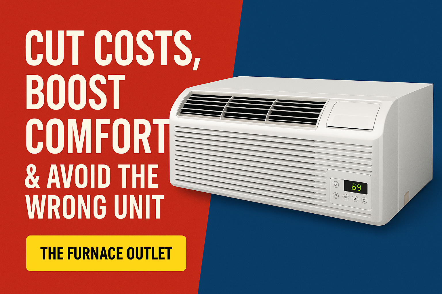 White PTAC unit on a blue and red background with bold Furnace Outlet branding, promoting energy-efficient buying tips for 2025.