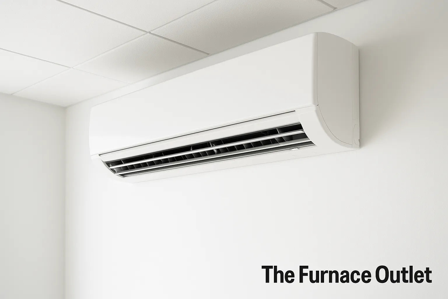 White wall-mounted mini split air conditioner with The Furnace Outlet logo in the corner.