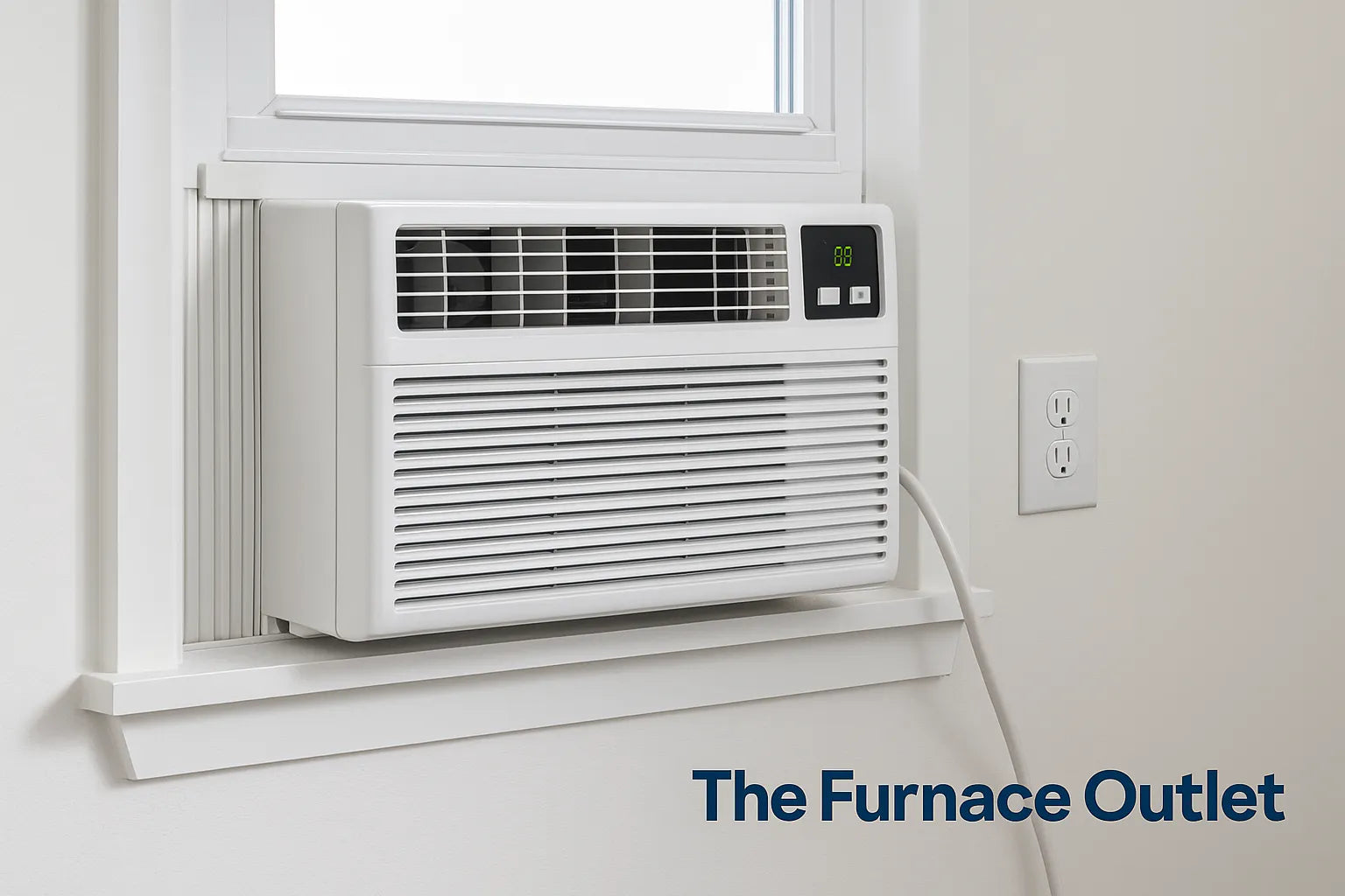 White window air conditioner installed in a clean modern room with The Furnace Outlet logo.