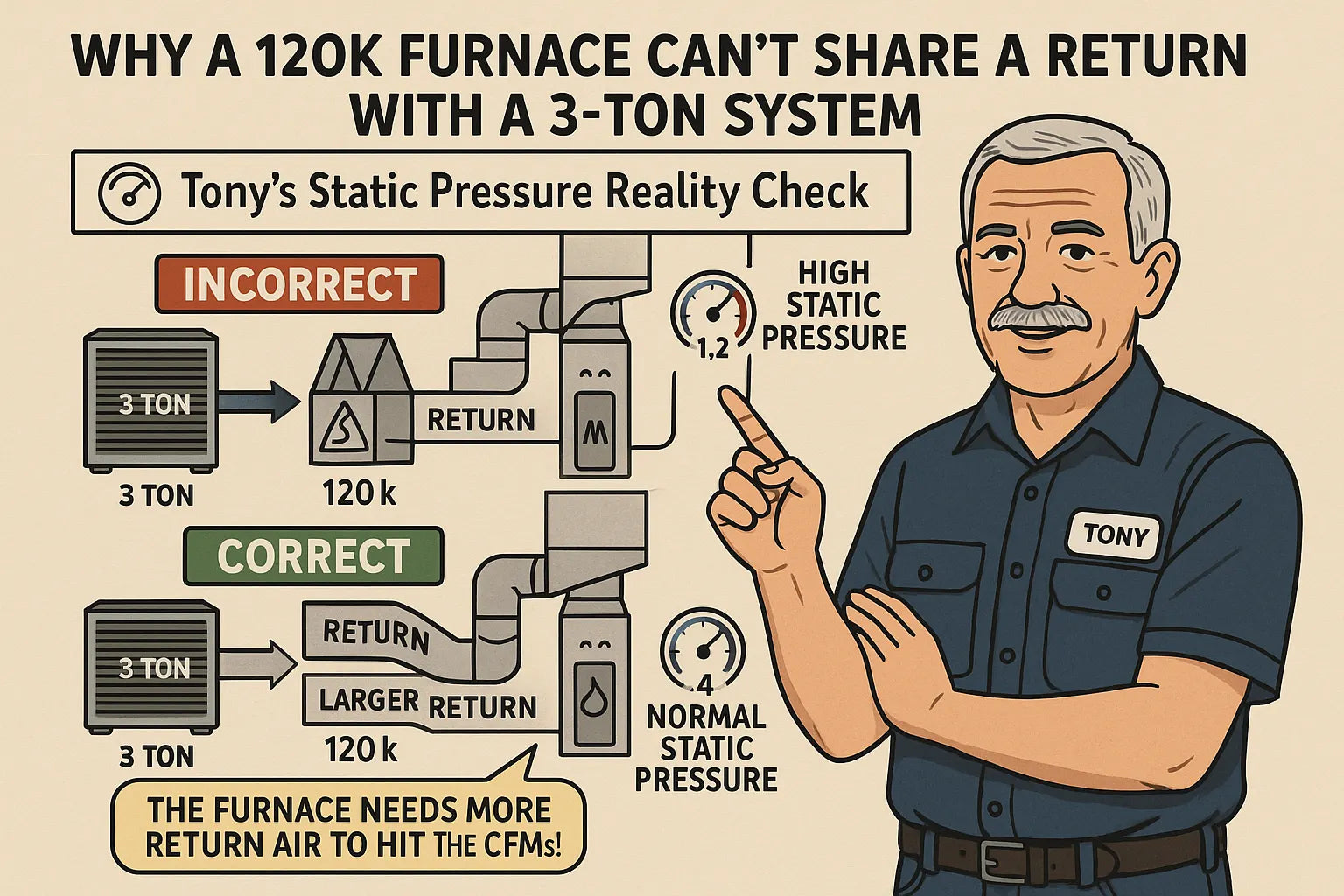 Why a 120k Furnace Can’t Share a Return With a 3-Ton System — Tony’s Static Pressure Reality Check