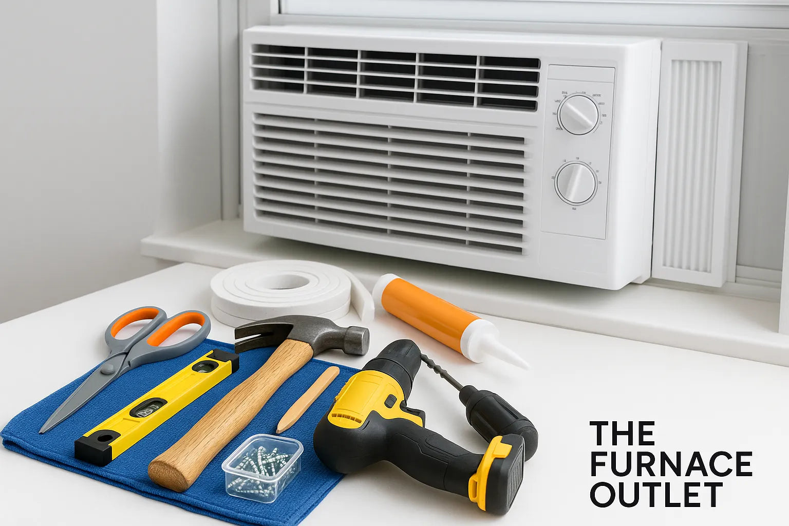  Window AC installation tools neatly arranged on a towel in front of an installed unit, with The Furnace Outlet logo in the corner.
