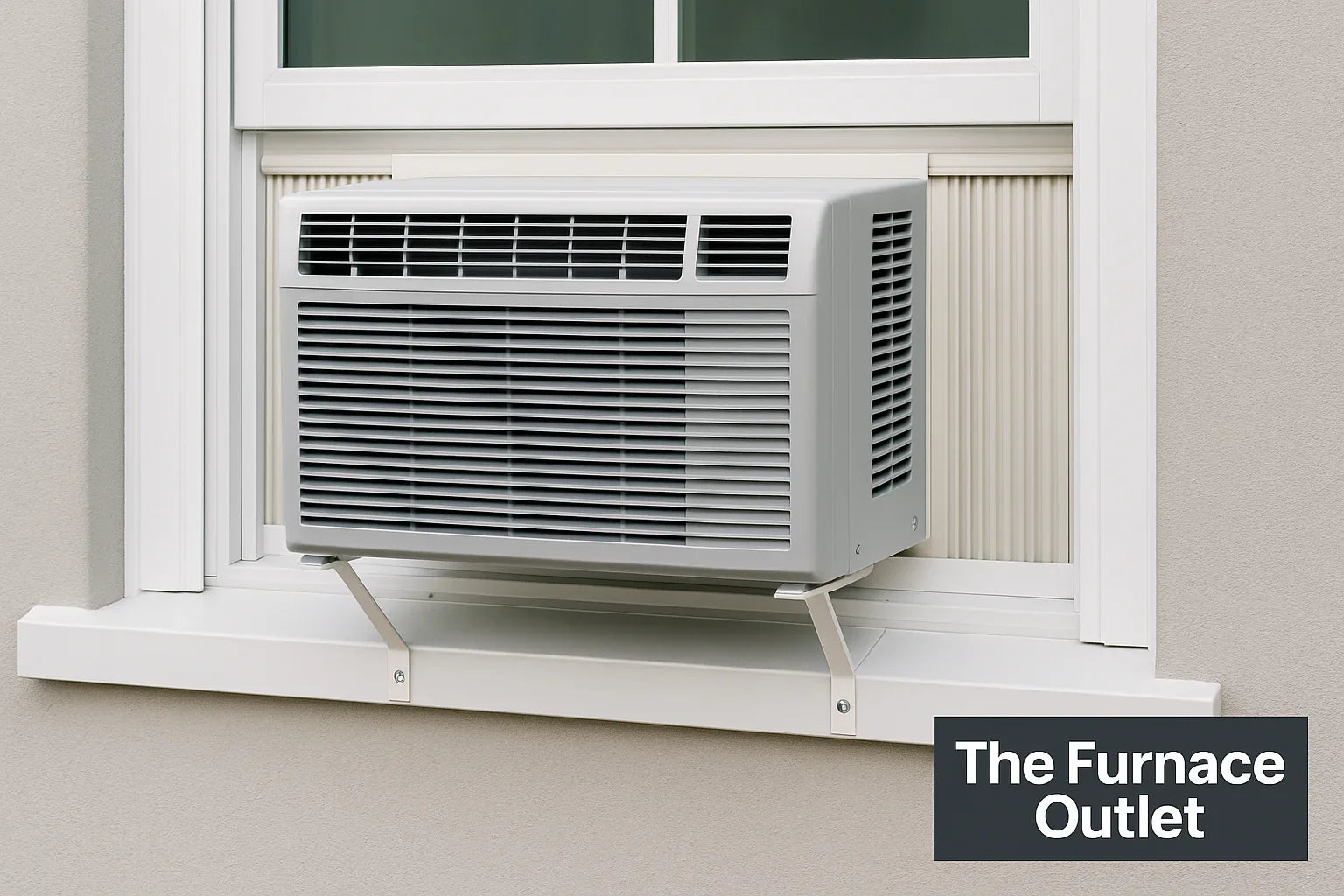 Window AC unit securely mounted with support bracket and sealed side panels, representing safe installation best practices.