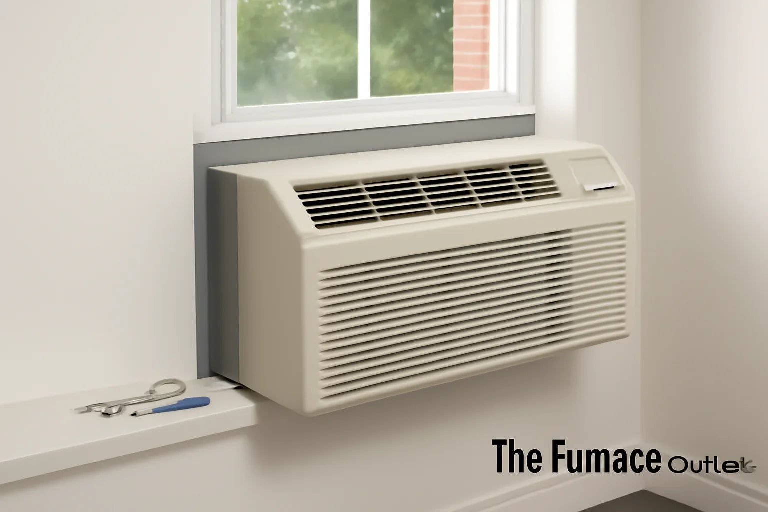 Window air conditioner installation with tools on the ledge, featuring The Furnace Outlet logo in the corner