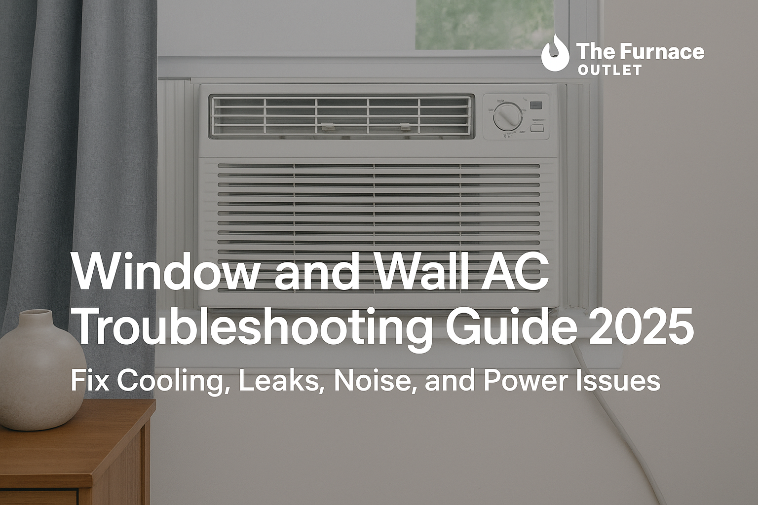 Window air conditioner installed in a modern room with clean lines, light-colored curtains, and a wooden side table