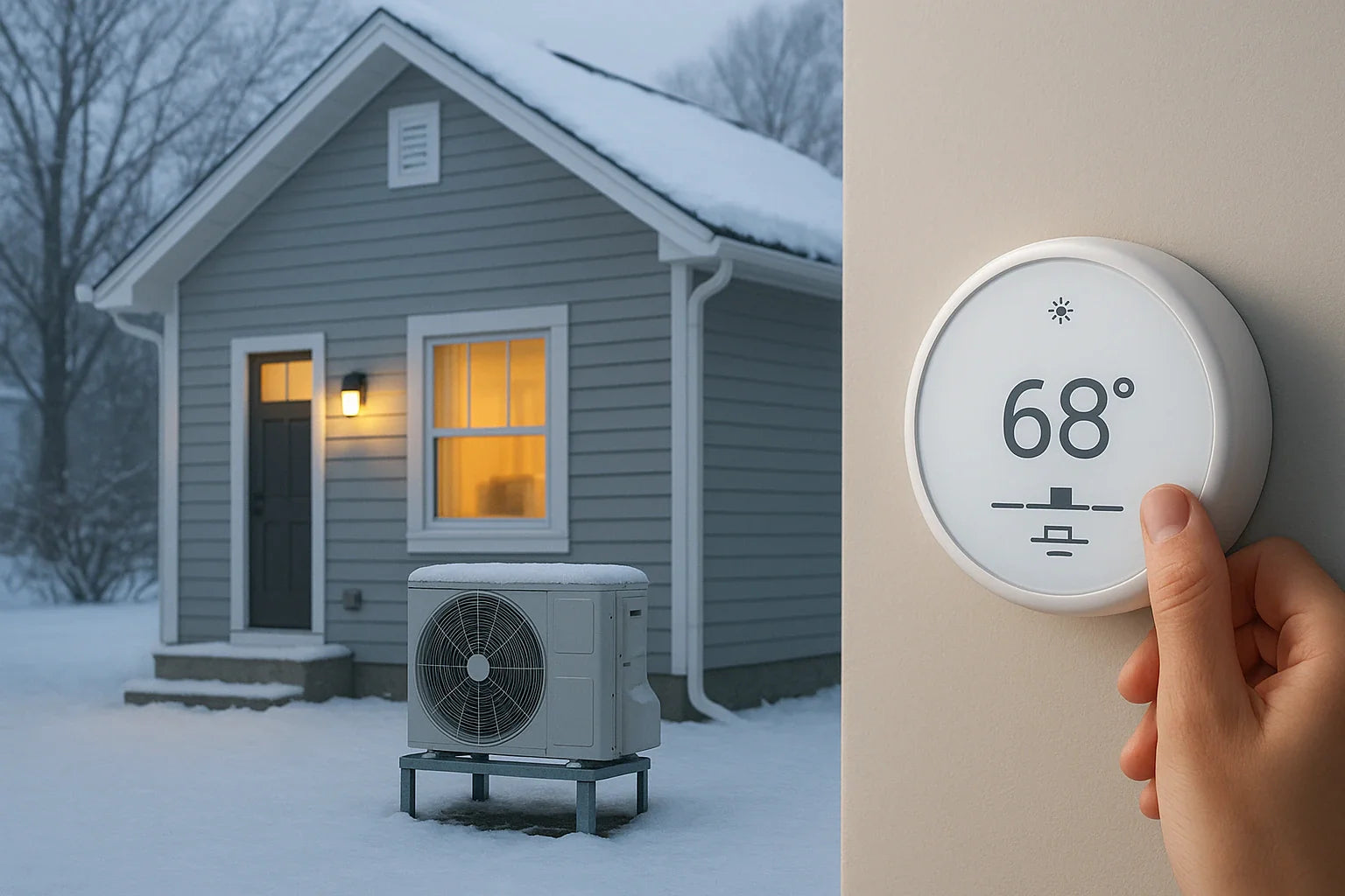 Winter-ready heat pump outside a modern U.S. home with a smart thermostat set to 68°F for steady, efficient comfort.