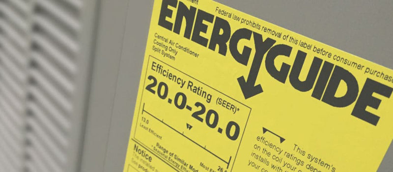 energy guide label on home air conditioner unit with efficiency SEER rating