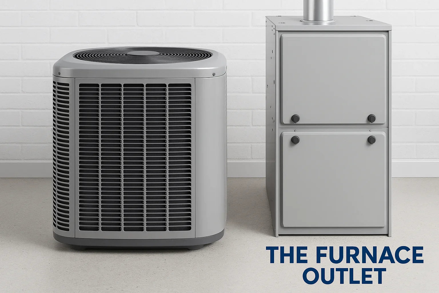 central air conditioner and furnace installed indoors on light floor with white brick wall background