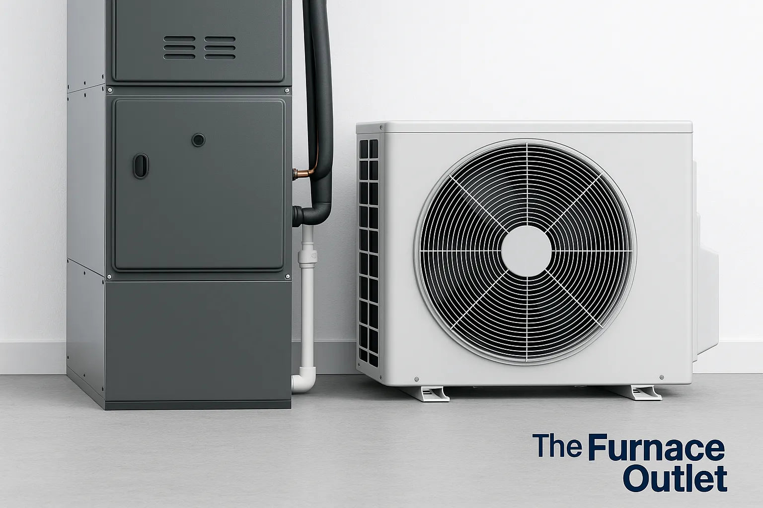 Modern central air and furnace unit in a residential HVAC setup with The Furnace Outlet branding