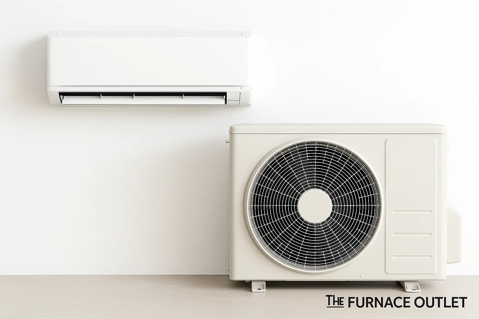  clean white mini split ac unit and outdoor condenser with brand logo on floor.