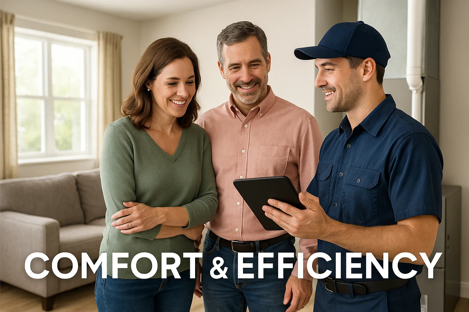 Homeowners smile while an HVAC technician shows efficiency data on a tablet beside a modern furnace, overlay text reads “Comfort & Efficiency.”
