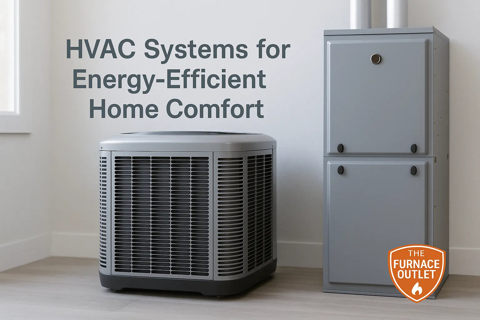 High-efficiency central AC condenser and furnace unit in a modern home, branded with The Furnace Outlet logo
