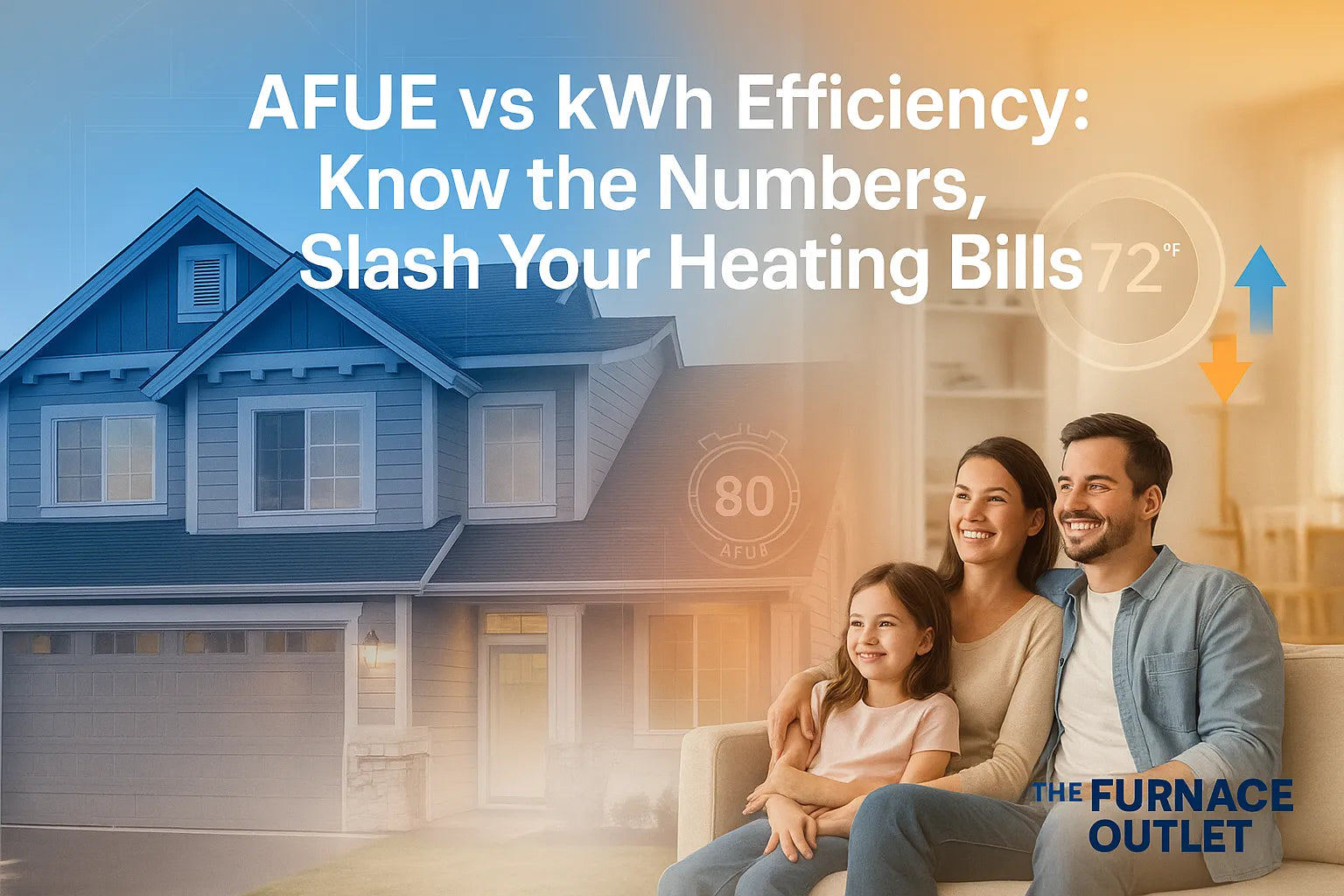 Modern family relaxing in a cozy home with warm-to-cool gradient overlay, symbolizing energy-efficient HVAC from The Furnace Outlet.