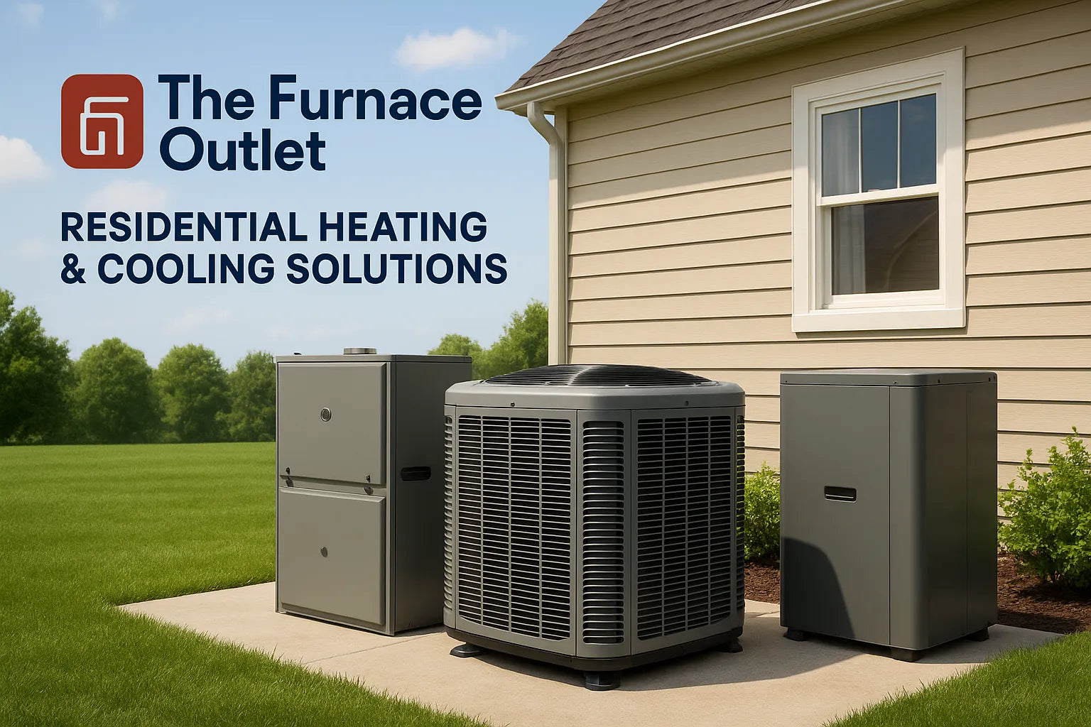 Residential HVAC systems outside a beige home with The Furnace Outlet branding and clear blue sky.