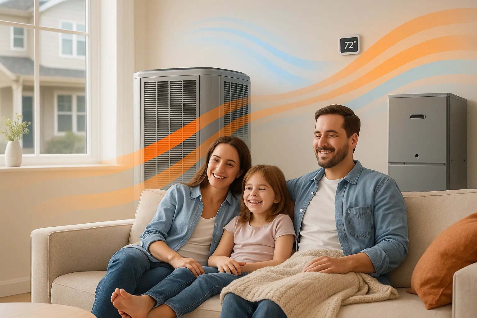 Family relaxing in a cozy living room with flowing blue-and-orange air graphics symbolizing energy-efficient heating and cooling.