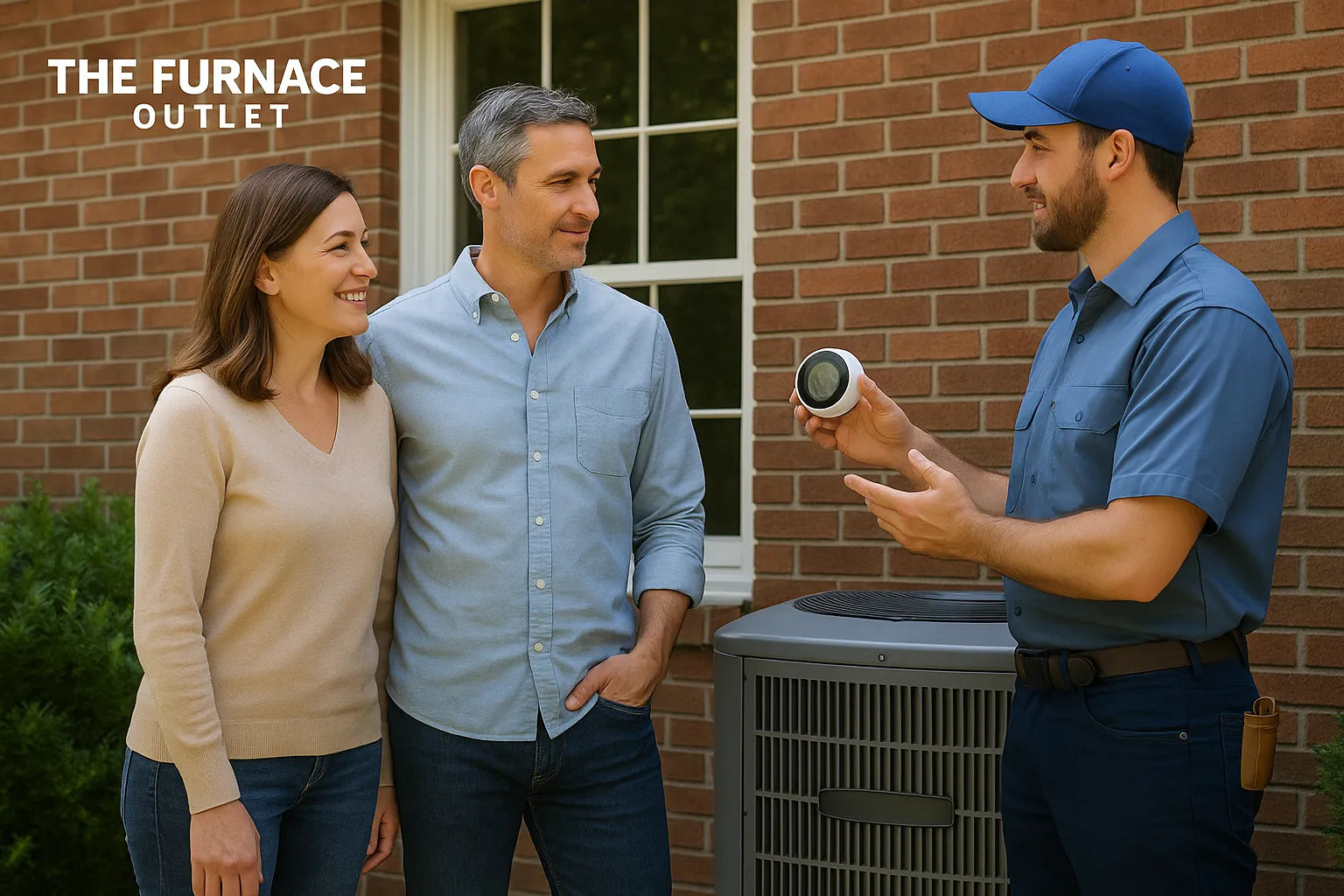HVAC technician shows a smart thermostat to a smiling couple outside their home near the central AC unit.