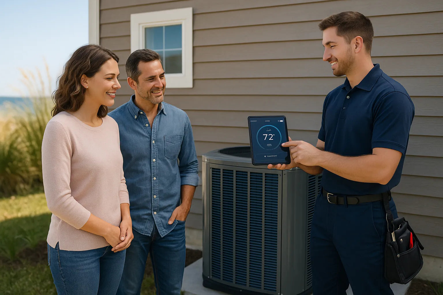 HVAC technician showing homeowners a smart thermostat beside a coastal-rated outdoor condenser in bright natural light, illustrating Zone 2C energy-saving upgrades for The Furnace Outlet.
