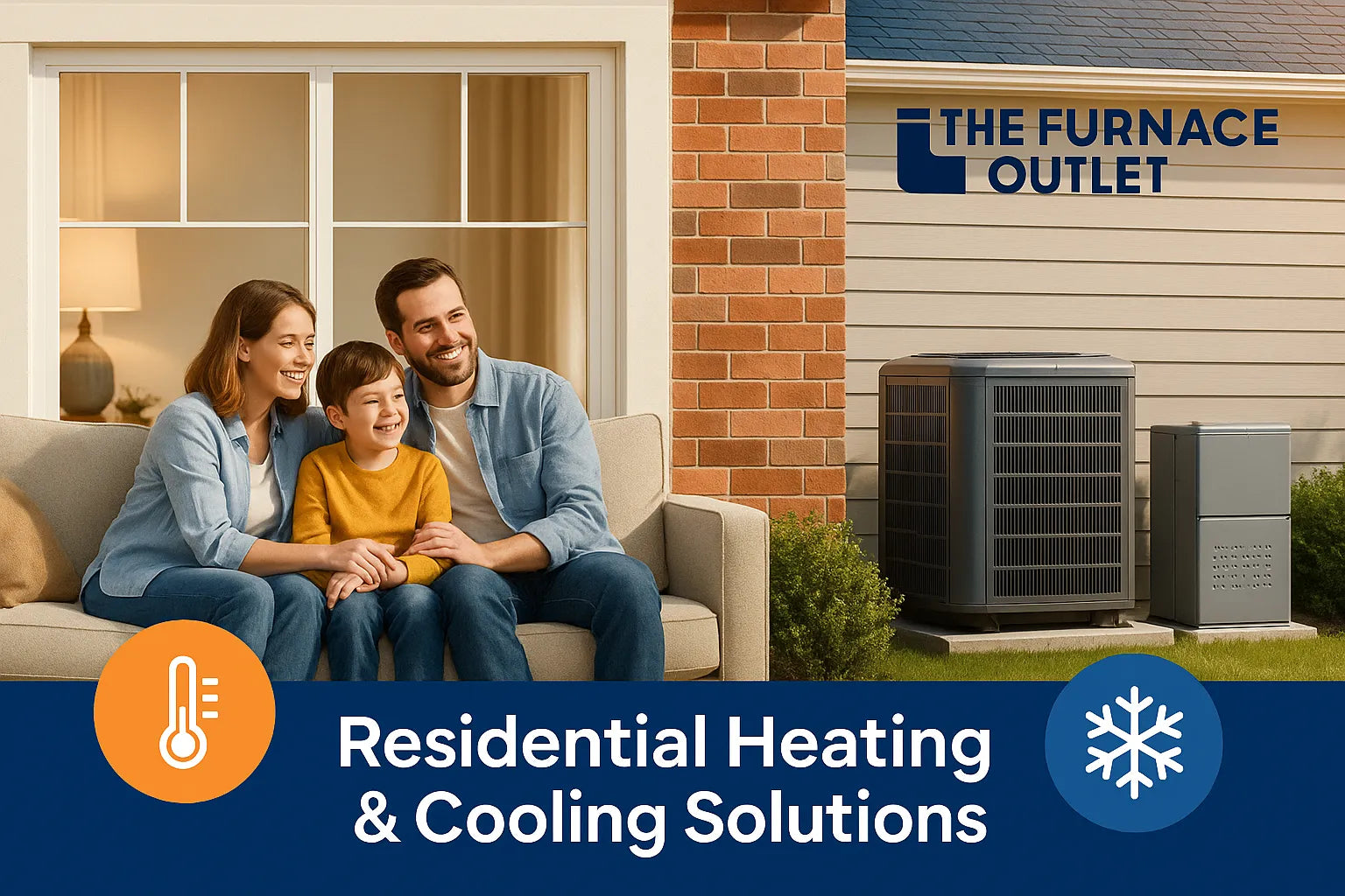 Smiling family relaxing inside a modern home with visible outdoor HVAC units showcasing The Furnace Outlet’s energy-efficient heating and cooling solutions.
