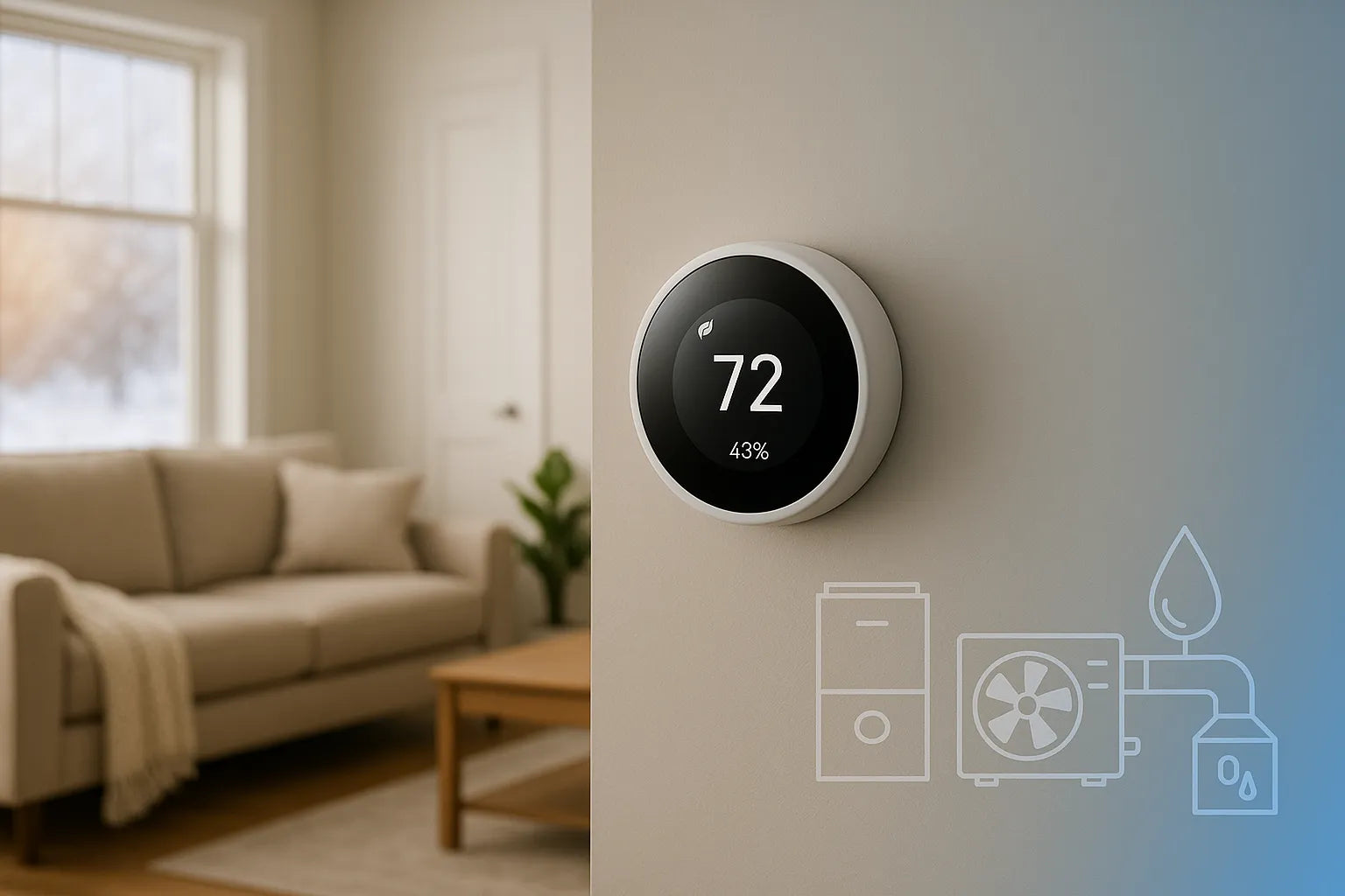  Modern living room with smart thermostat reading 72°F and 43% humidity, representing energy-efficient, reliable residential heating and cooling.