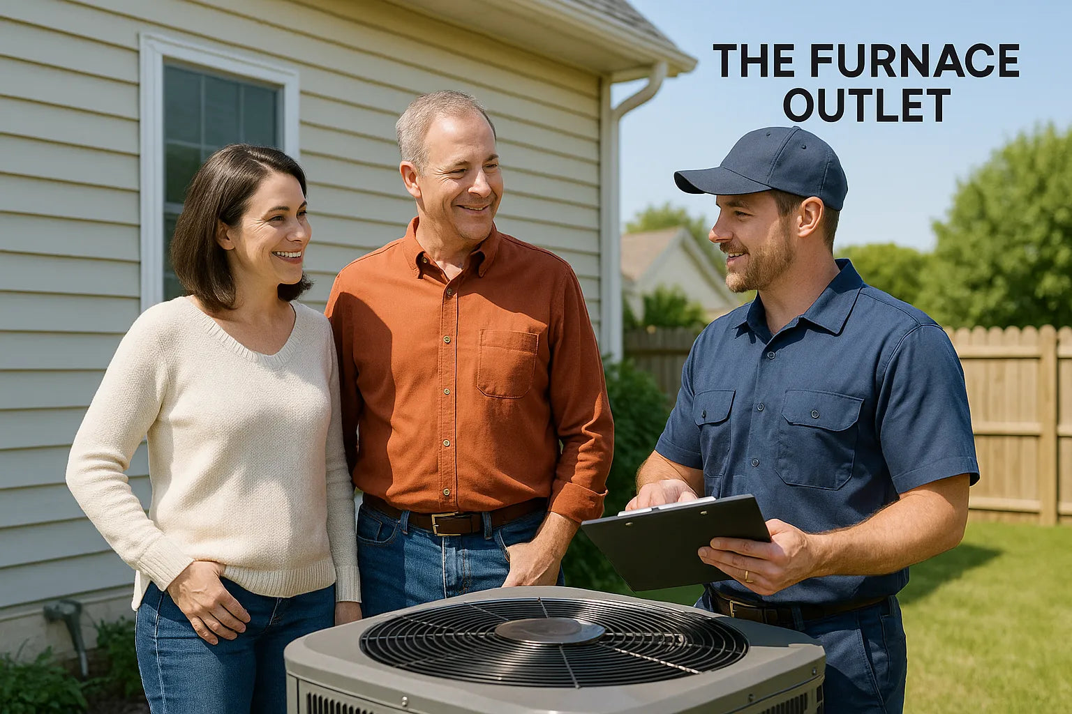 HVAC technician talks with a smiling couple beside their AC unit in a sunny backyard.