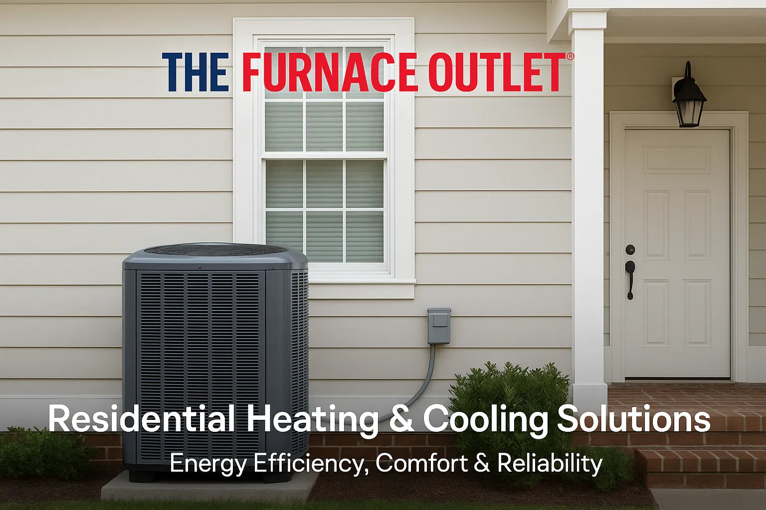 Outdoor central AC unit beside a suburban home, promoting energy-efficient HVAC solutions from The Furnace Outlet.