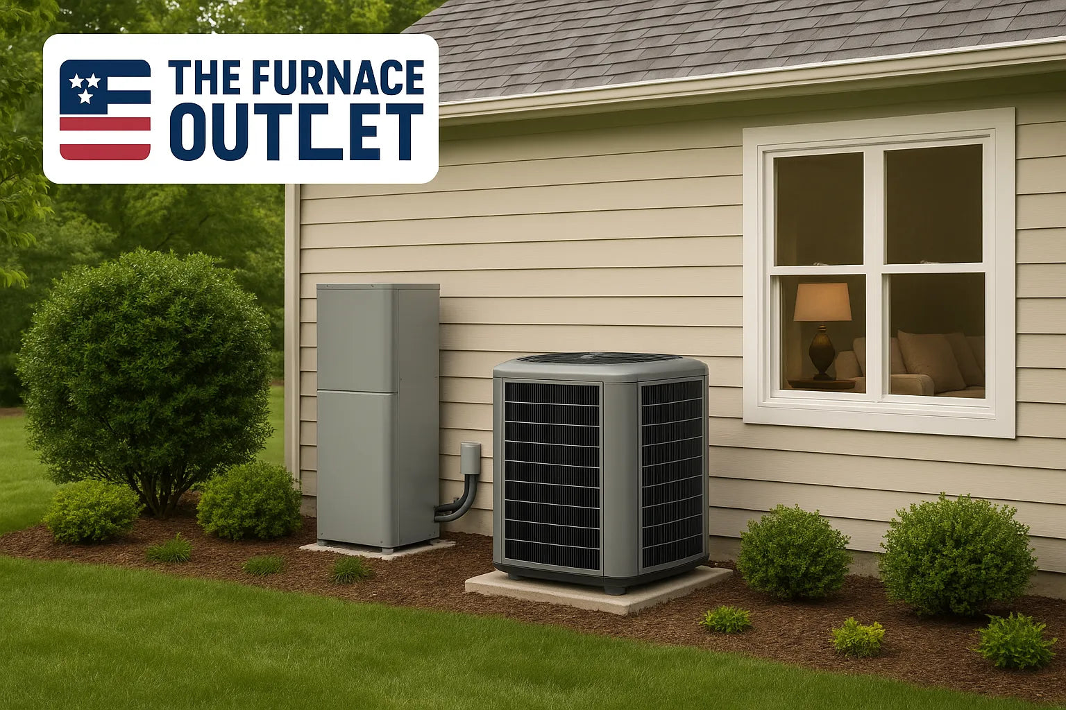 Outdoor heat pump system next to beige suburban home with The Furnace Outlet logo in corner.