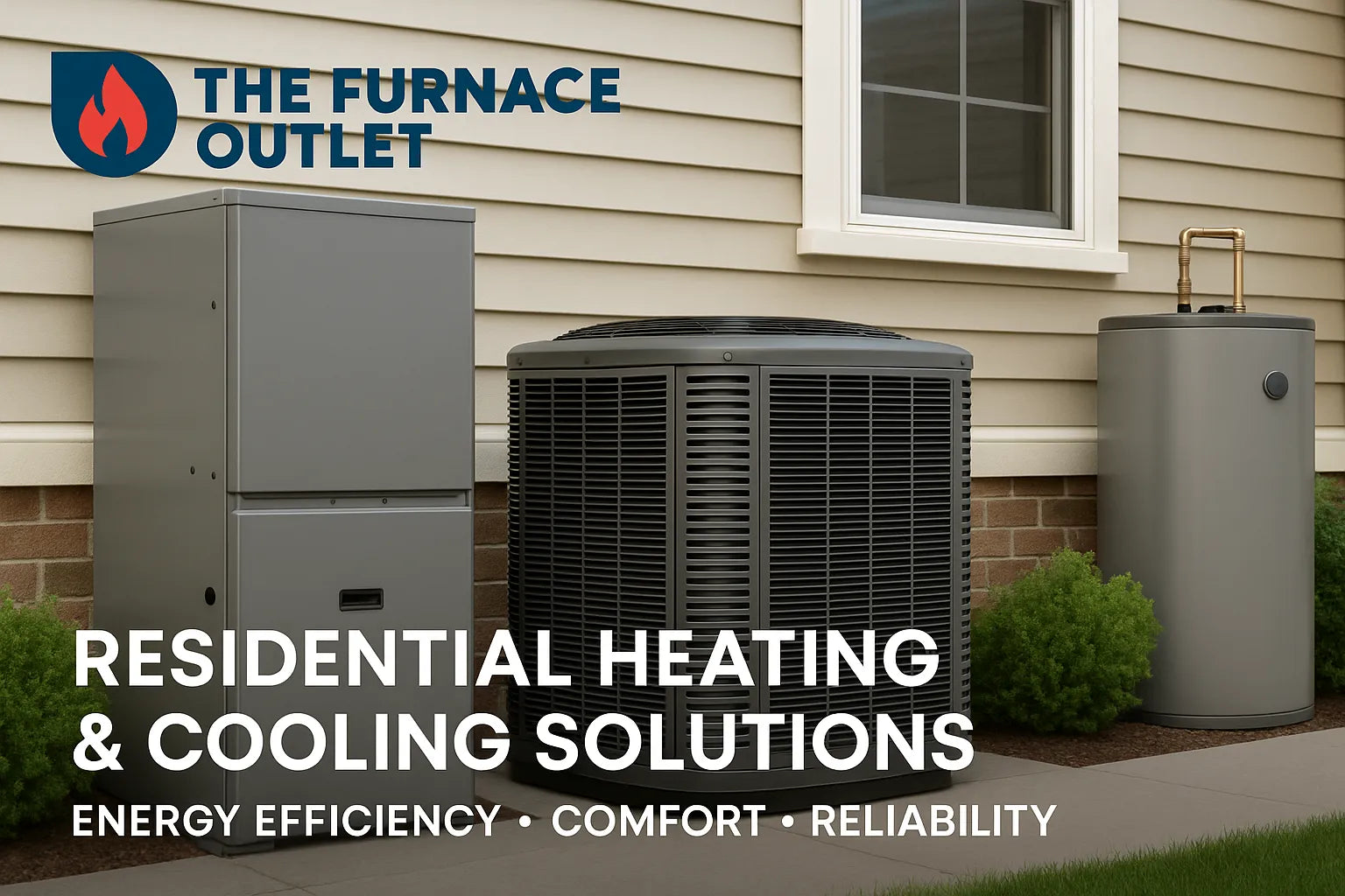 Residential gas furnace, central AC, and electric water heater installed outside a beige home, representing safe, efficient heating and cooling.