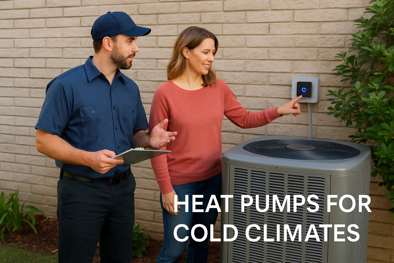 HVAC technician and homeowner reviewing a heat pump system and smart thermostat outside a home in natural daylight.