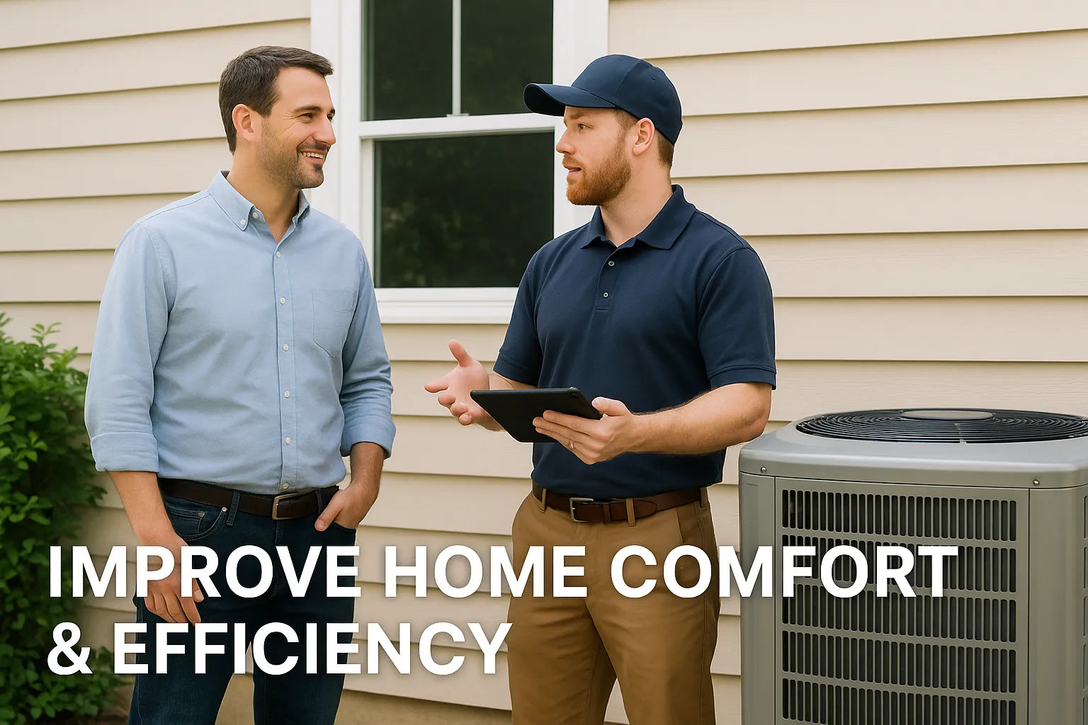 A homeowner and HVAC technician talk outside near an AC unit on a sunny day.