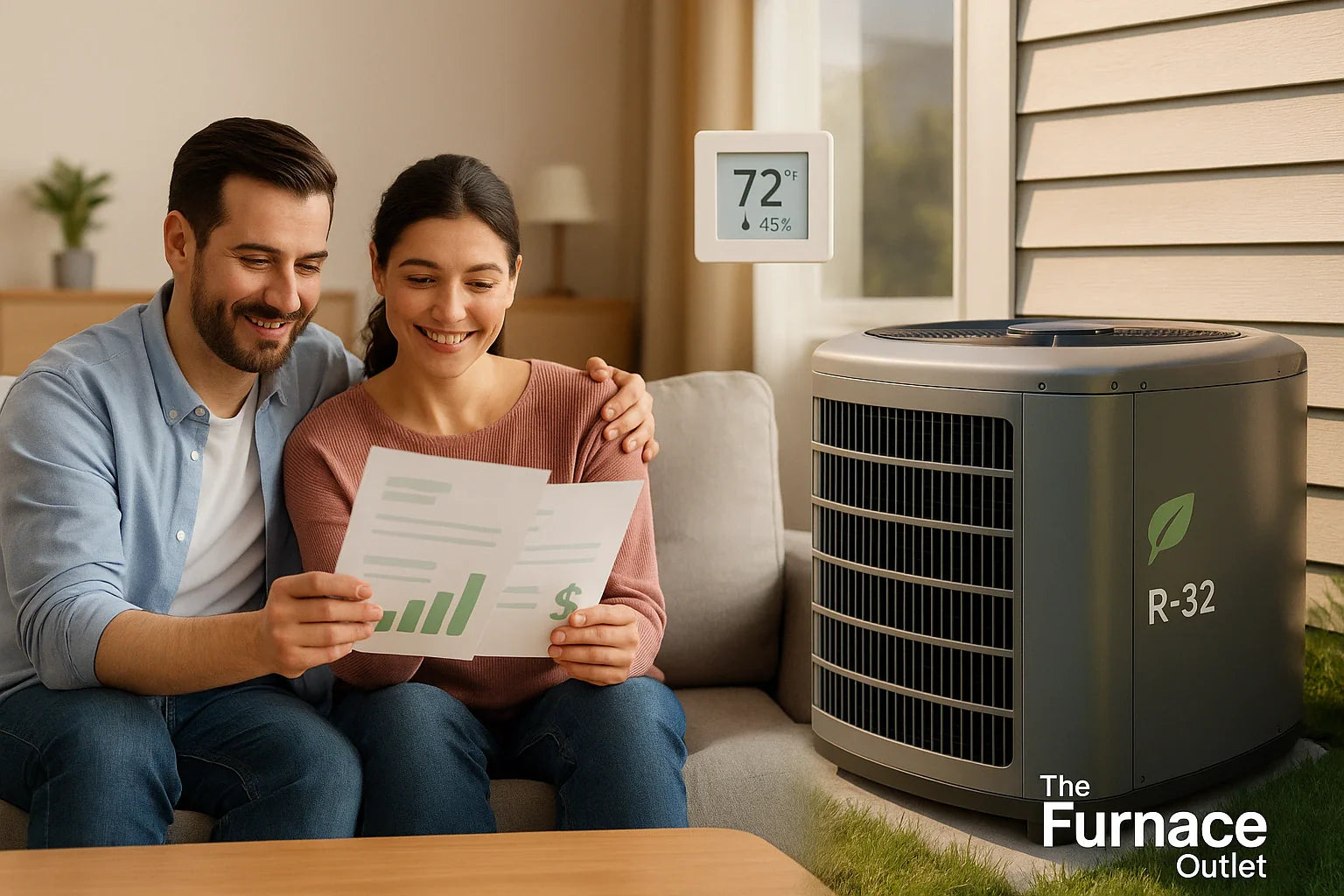 energy efficient home hvac hero showing quiet r 32 heat pump and comfortable living room for lower bills and emissions