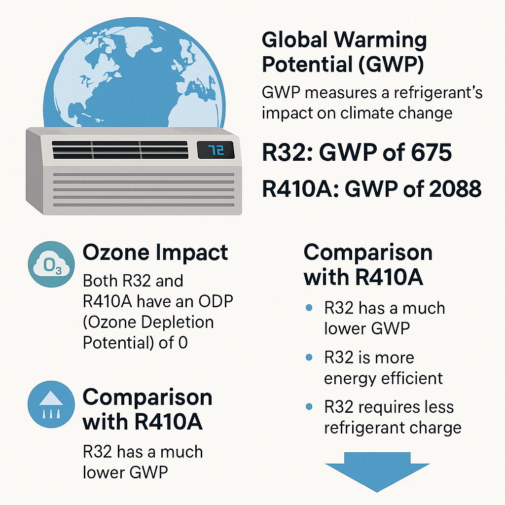 "Why R32 Is the Future of PTAC Refrigerants" Explains global warming potential (GWP), ozone impact, and comparisons with R410A.