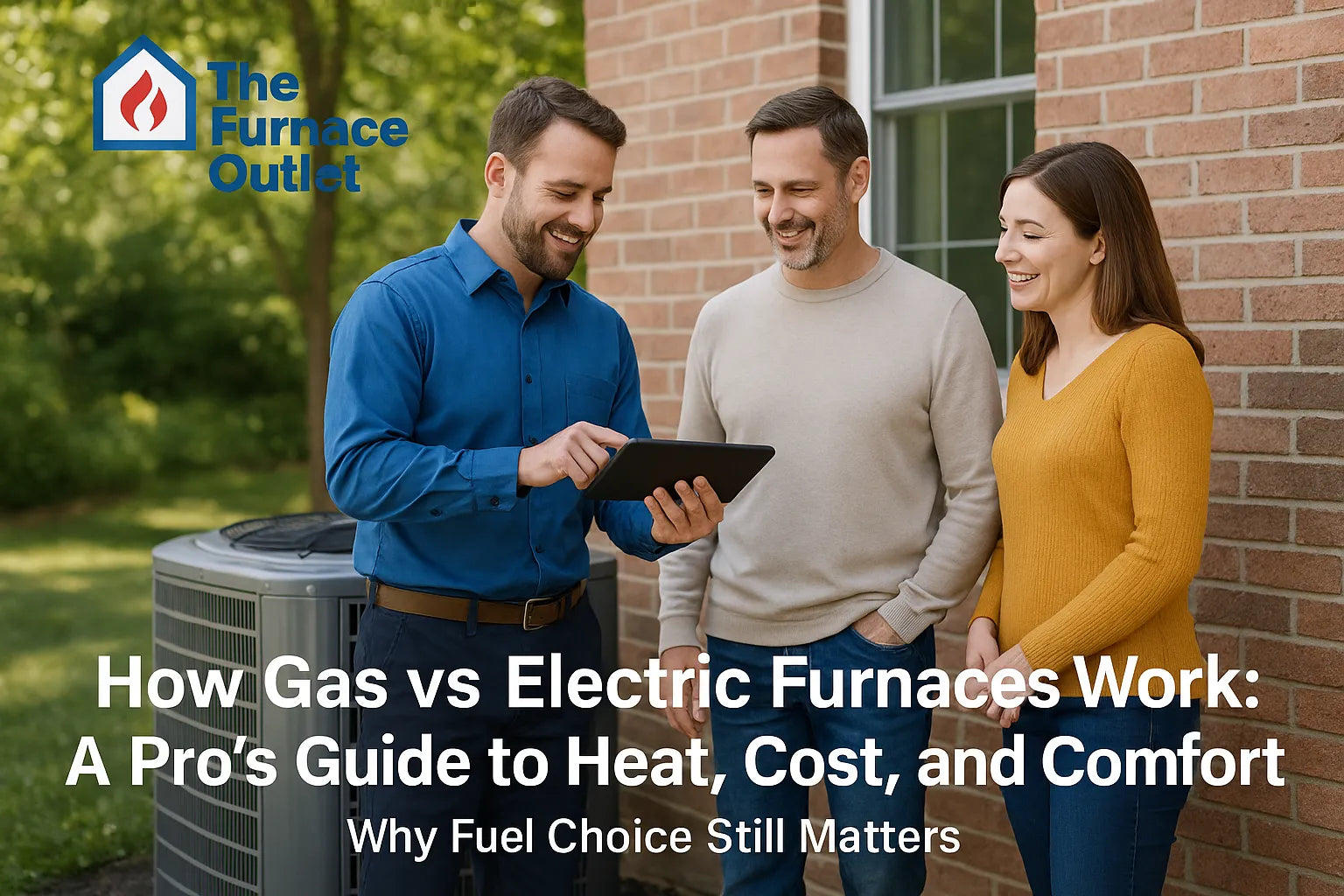 HVAC technician explaining heating system options to homeowners beside outdoor AC unit.