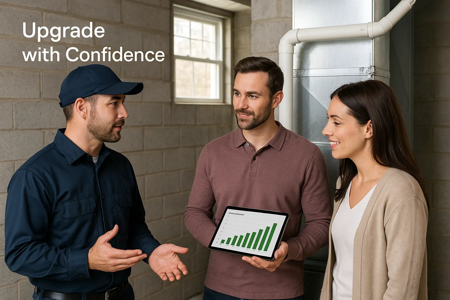 HVAC technician explains a high-efficiency furnace upgrade to homeowners who view projected energy-savings on a tablet in a bright, finished basement.