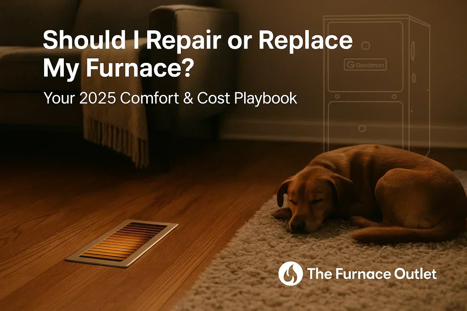 ozy living room at dusk with warm air from a floor vent and a dog sleeping on a rug, illustrating the repair-or-replace furnace decision