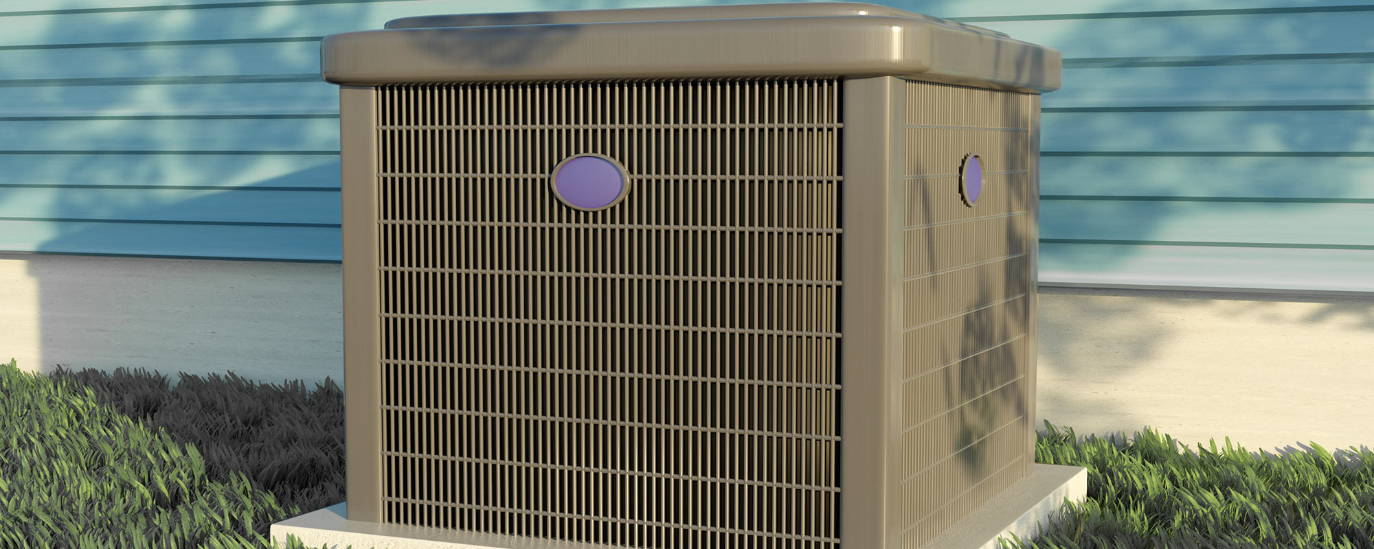 heat pump condenser outside of house with blue siding