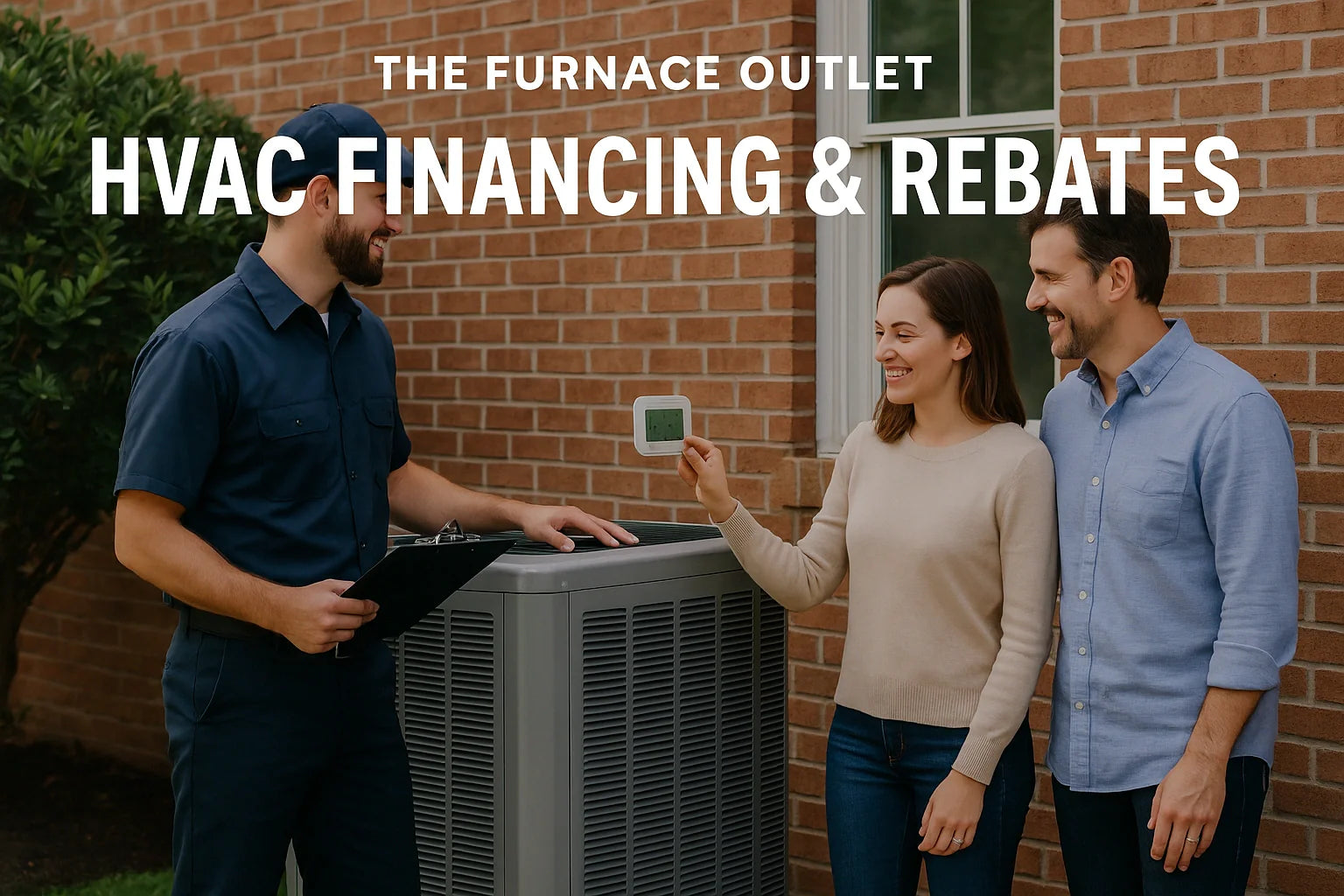 Homeowners consult with an HVAC technician outdoors near a central AC unit to discuss rebates and financing options.