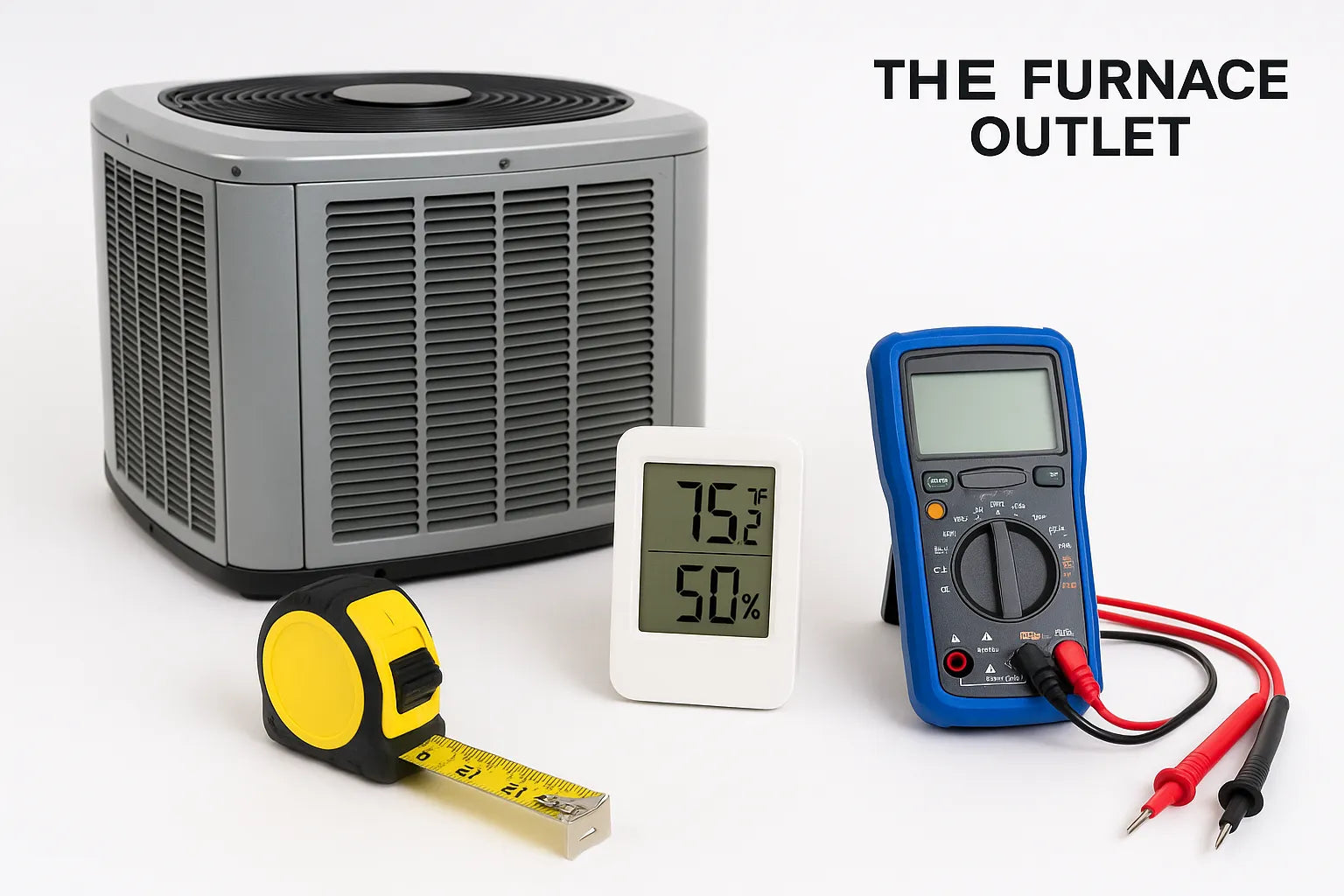 HVAC tools including an AC condenser, multimeter, thermometer, and tape measure for accurate system sizing