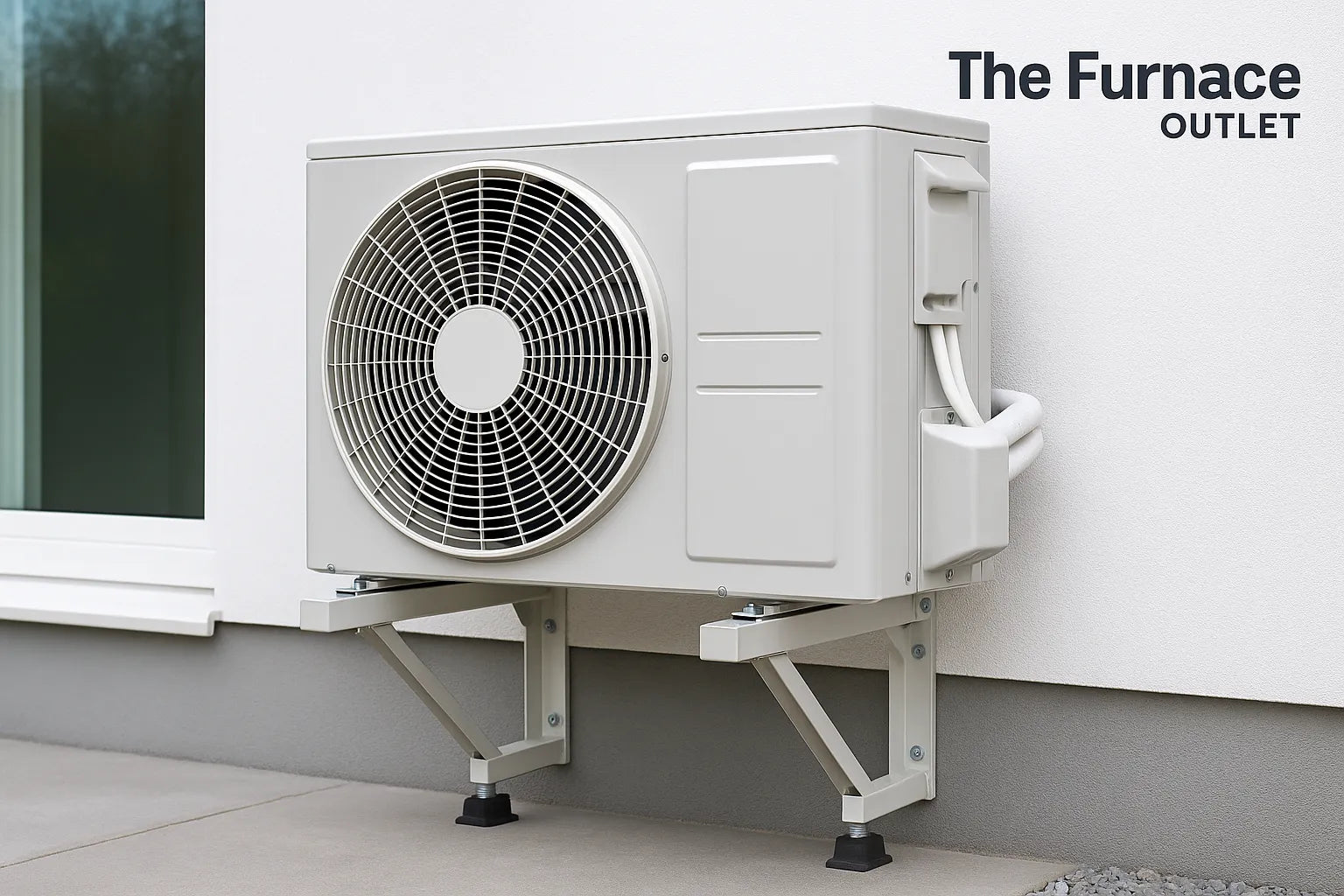 Wall-mounted mini-split condenser on heavy-duty brackets with vibration pads, installed beside a home window