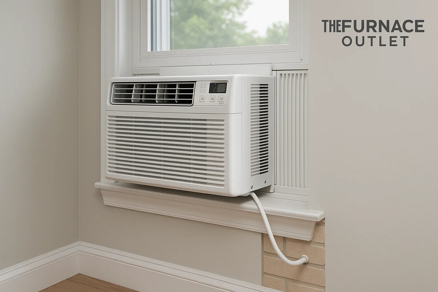 modern white window air conditioner with drain hose installed in a home window