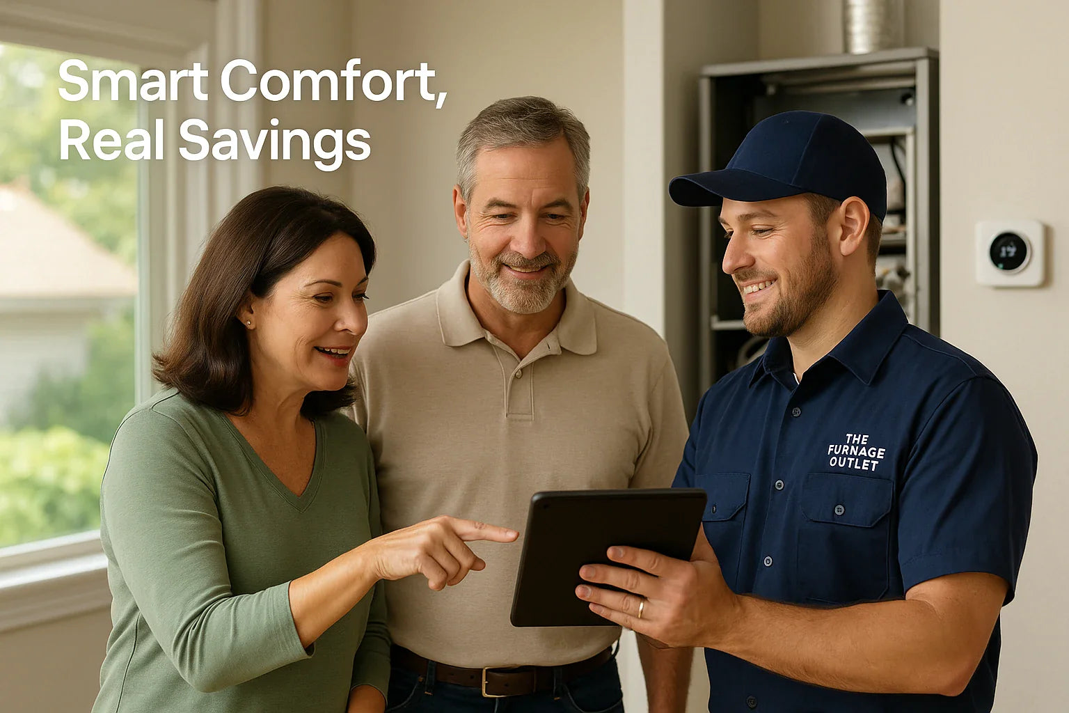 Homeowners consult with a friendly Furnace Outlet technician using a tablet and smart thermostat beside an open furnace cabinet in a sunlit living room.