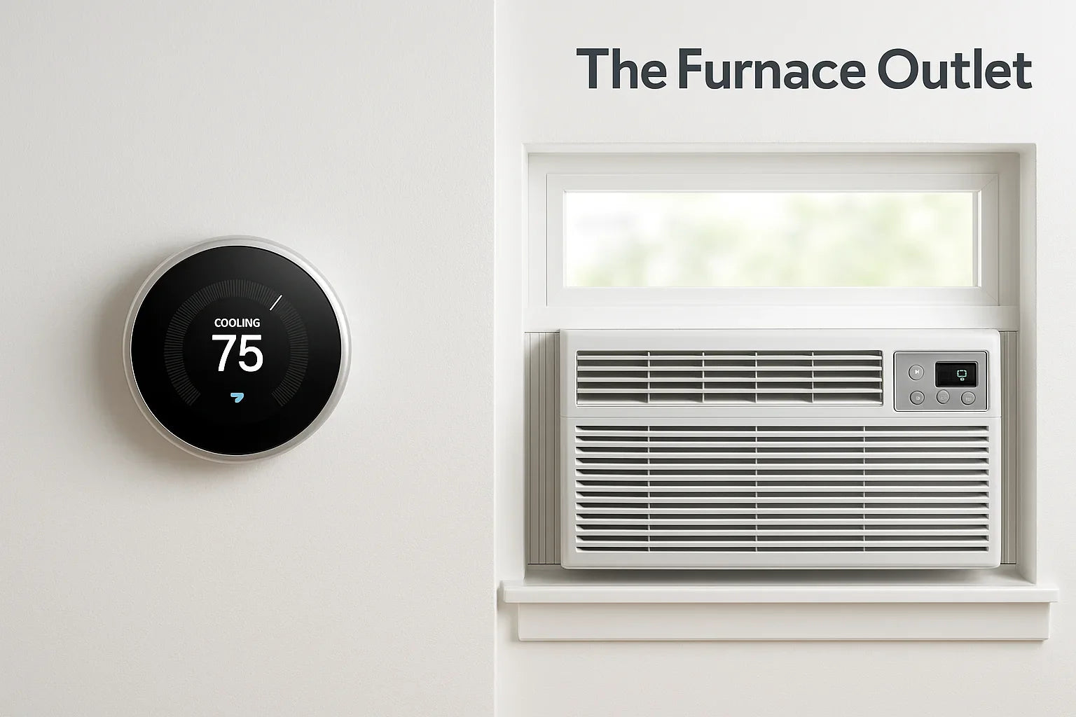 smart thermostat on wall next to window air conditioner in bright modern room