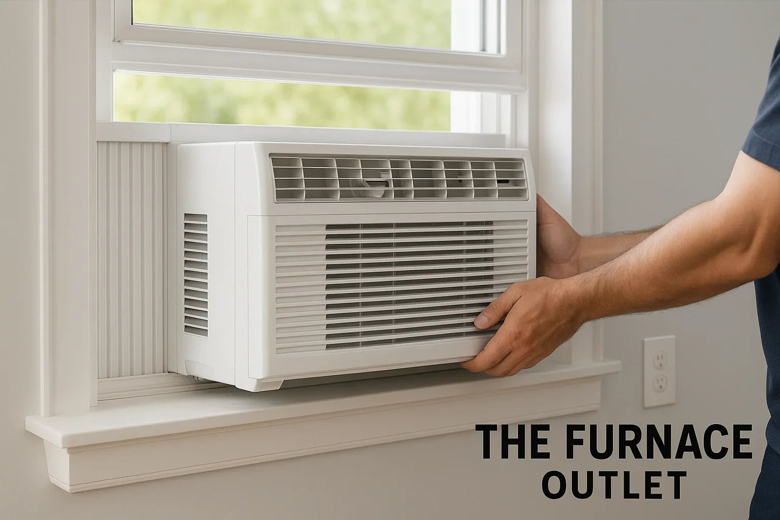  technician installing window air conditioner into white frame with arms visible and green background outside
