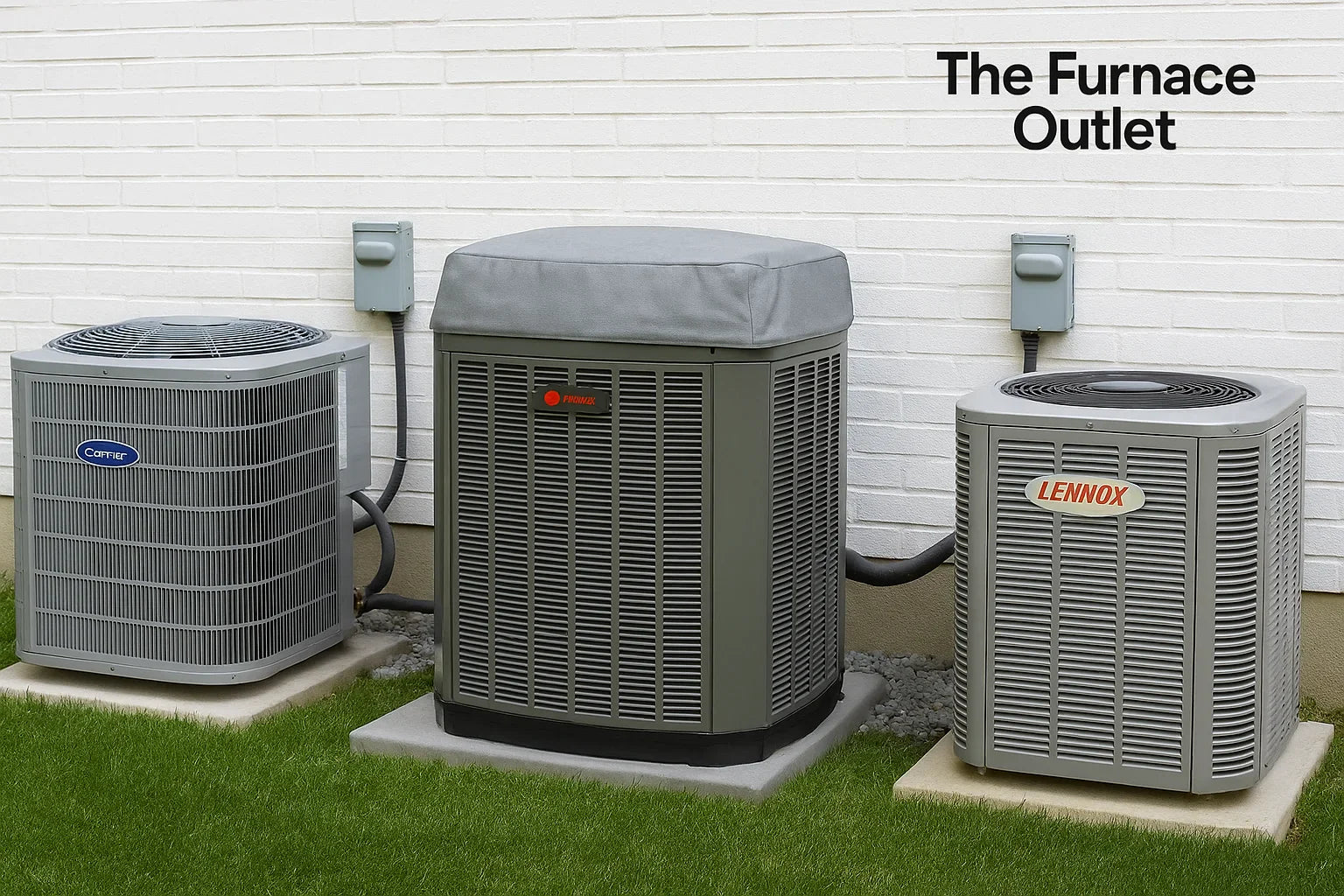 three central air conditioner units outside a home with the furnace outlet logo
