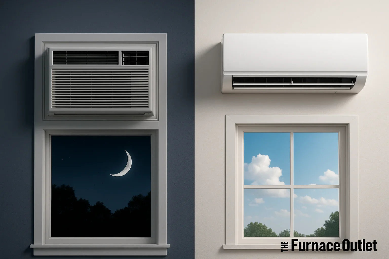 two air conditioning units shown with night and day scenes through windows