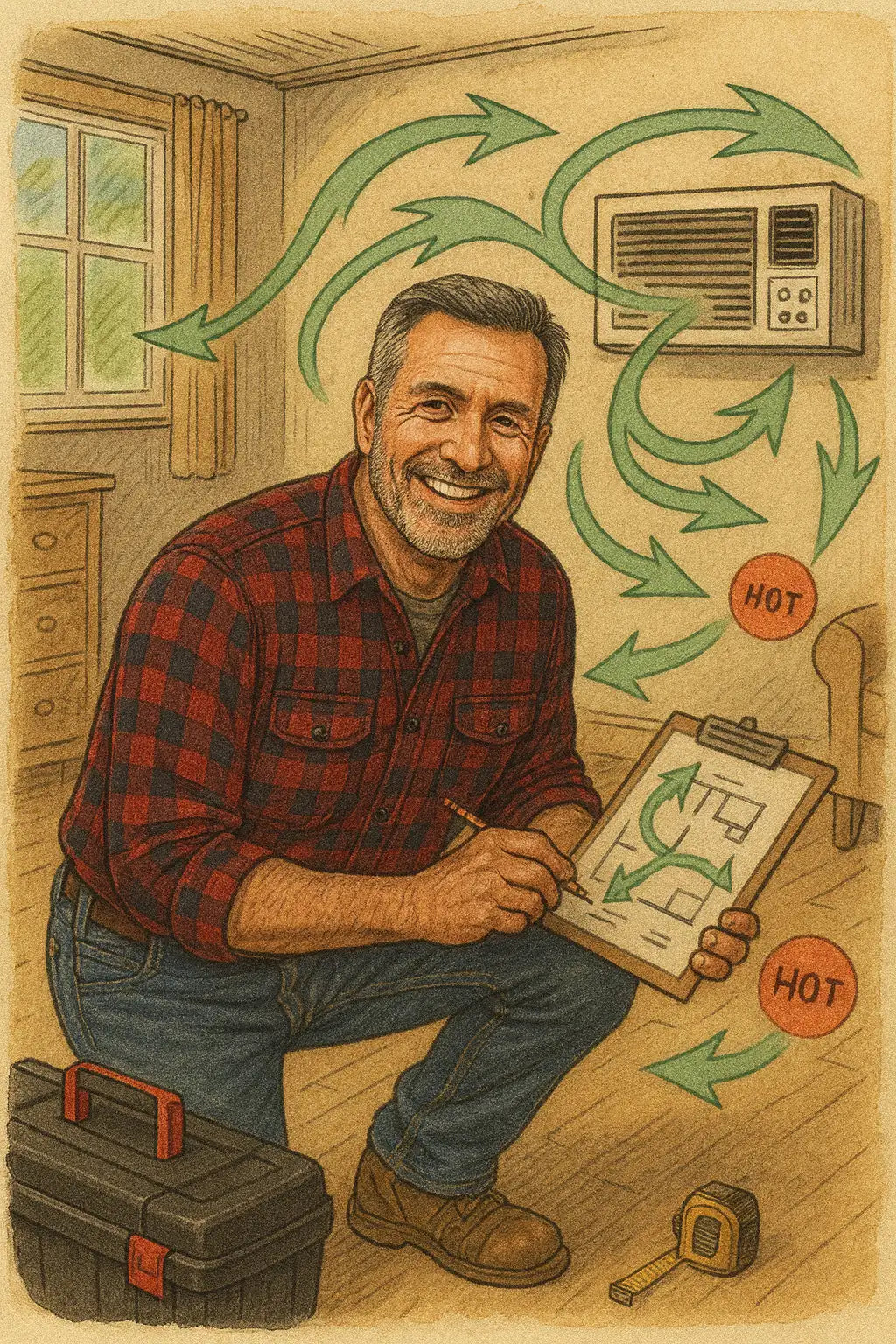 visual of Mike mapping a room with airflow arrows, load points, and unit placement.