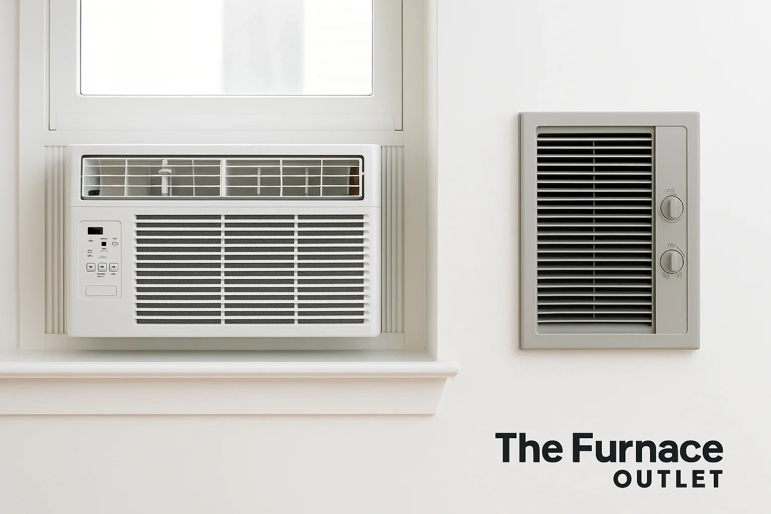  window air conditioner and wall air conditioner side by side in a bright room with The Furnace Outlet logo