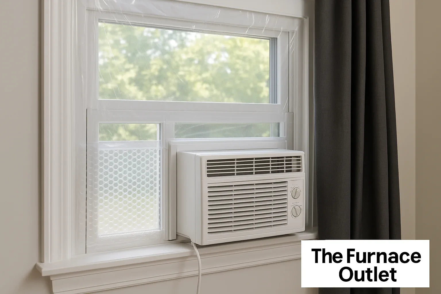 window air conditioner installed with bubble wrap and film insulation in a clean modern room