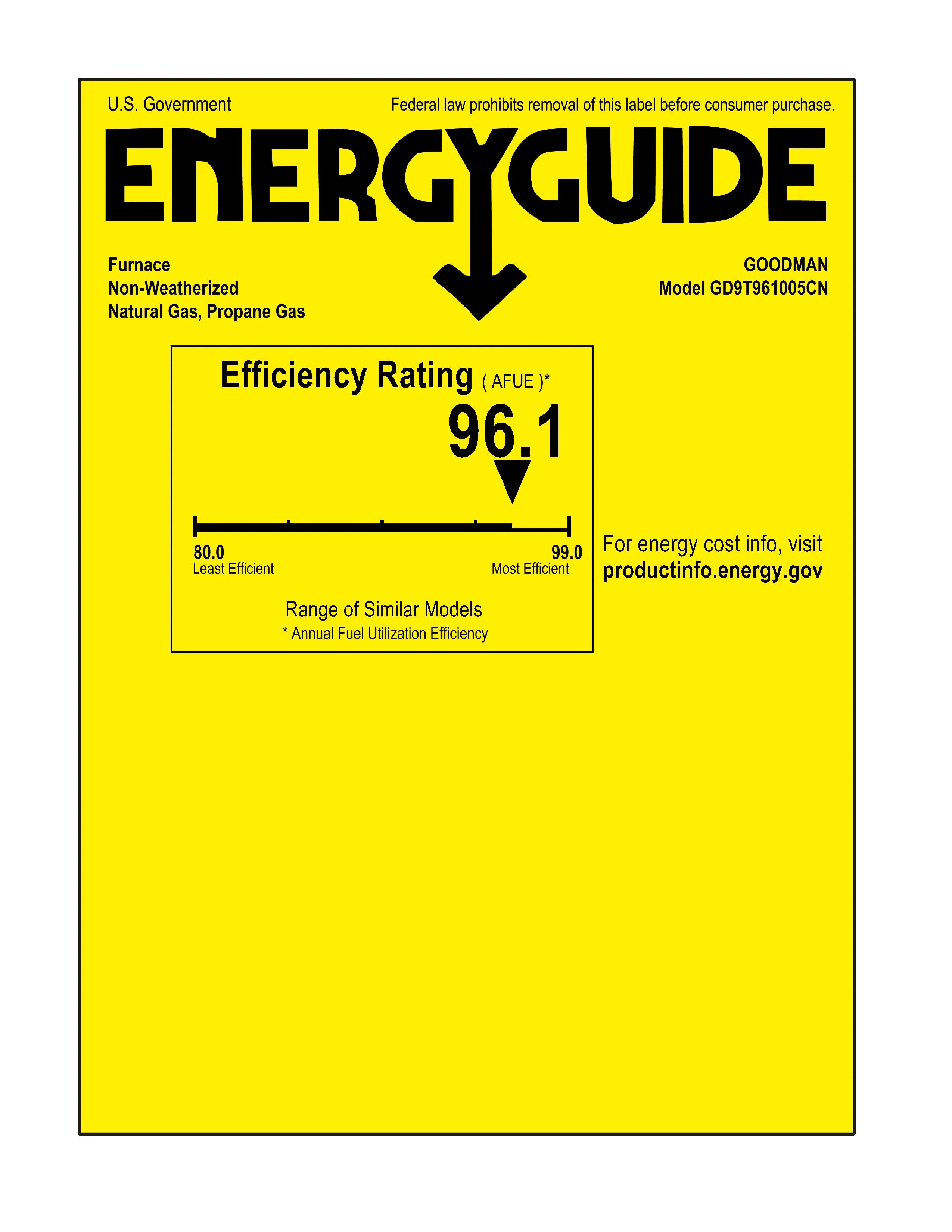 100,000 BTU 96% AFUE Downflow/Horizontal Two Stage Goodman Gas Furnace Model GD9T961005CN