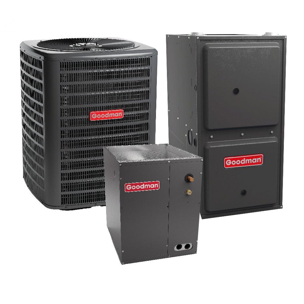 Goodman 3 Ton 14.4 SEER2 R32 Air Conditioner Condenser GLXS4B3610, Vertical Upflow/Downflow Cased Painted A Coil with built-in TXV CAPTA3626B3, 96% AFUE 40,000 BTU Downflow or Horizontal  9-Speed Two-Stage Natural Gas Furnace in 17.5" Cabinet GD9T960403BN