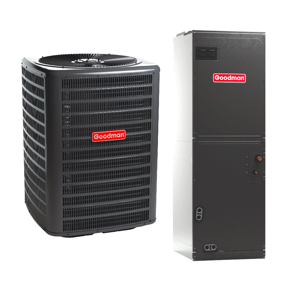 Goodman 3 Ton 15.2 SEER2 System: 3 Ton 14.4 SEER2 R32 AC Condenser (GLXS4MA3610), 3.5 Ton Horizontal A Coil with TXV (CHPTA4230C3), 96% AFUE Furnace (GRVT961005CN